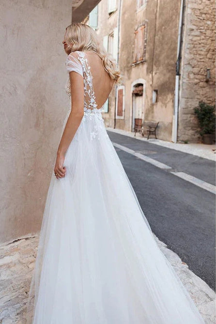 V-Neck Cap Sleeves Appliques Sheer Tulle A-Line Wedding Dress