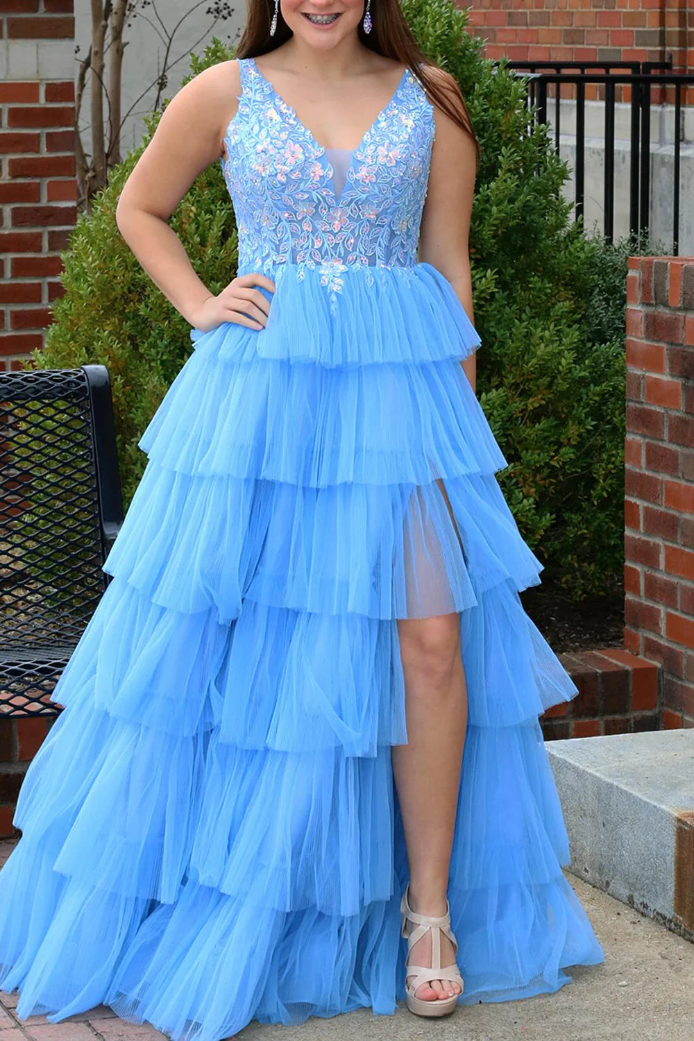 V-Neck Empire A-Line Tiered Appliques Prom Dress