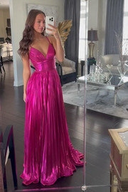 V-Neck Empire Spaghetti Strape Satin A-Line Pleated Prom Dress