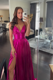 V-Neck Empire Spaghetti Strape Satin A-Line Pleated Prom Dress