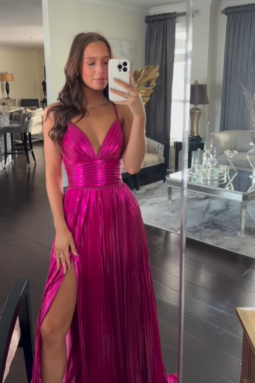 V-Neck Empire Spaghetti Strape Satin A-Line Pleated Prom Dress