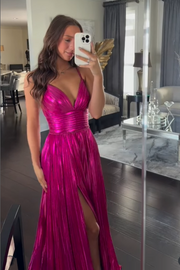 V-Neck Empire Spaghetti Strape Satin A-Line Pleated Prom Dress