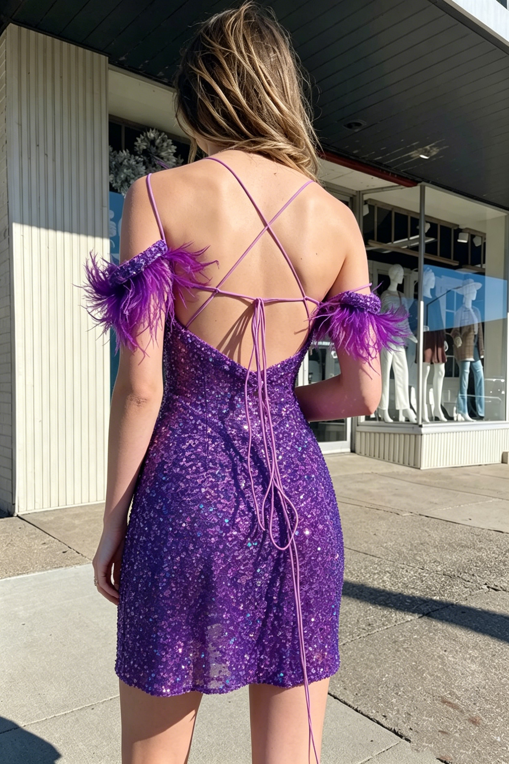 V-Neck Feather Off-Shoulder Fitted Sequin Lace-Up Homecoming Dress
