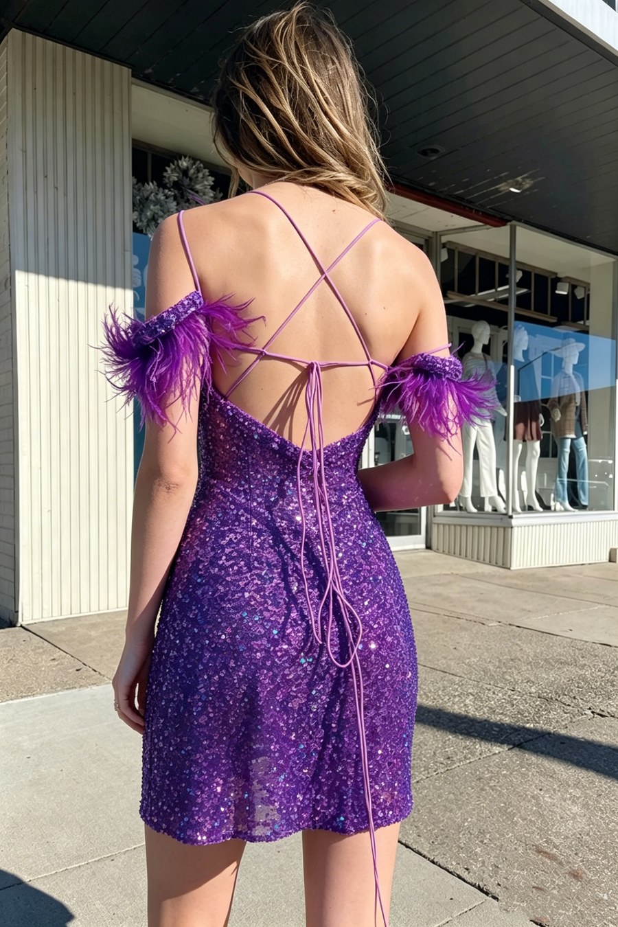 V-Neck Feather Off-Shoulder Fitted Sequin Lace-Up Homecoming Dress