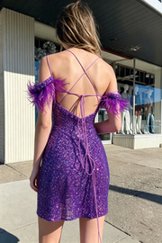 V-Neck Feather Off-Shoulder Fitted Sequin Lace-Up Homecoming Dress