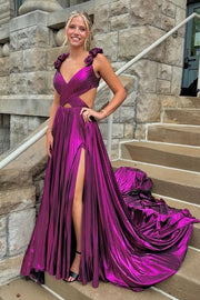 V-Neck Florals Straps Satin A-Line Party Prom Dress With Train