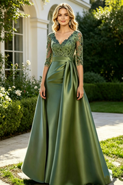 V-Neck Half-Sleeves A-Line Two Tone Mother Of The Bride Dress