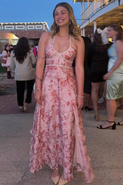 V-Neck Halter A-Line Empire Floral Prom Party Dress With Pearl