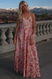 V-Neck Halter A-Line Empire Floral Prom Party Dress With Pearl