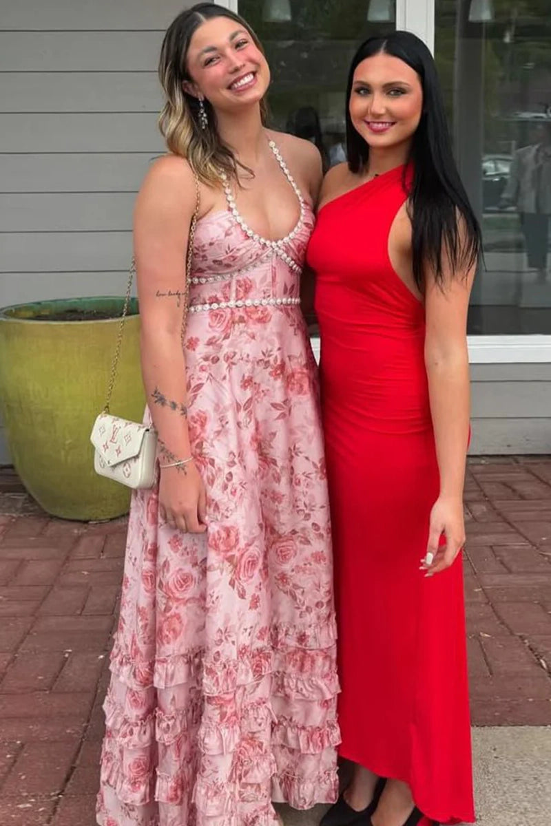 V-Neck Halter A-Line Empire Floral Prom Party Dress With Pearl