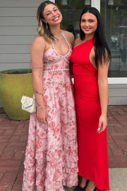 V-Neck Halter A-Line Empire Floral Prom Party Dress With Pearl