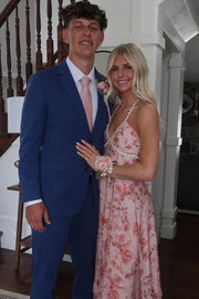 V-Neck Halter A-Line Empire Floral Prom Party Dress With Pearl