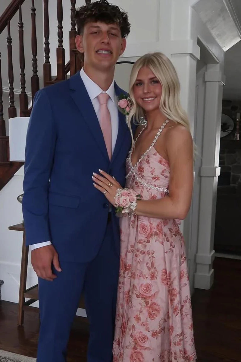 V-Neck Halter A-Line Empire Floral Prom Party Dress With Pearl