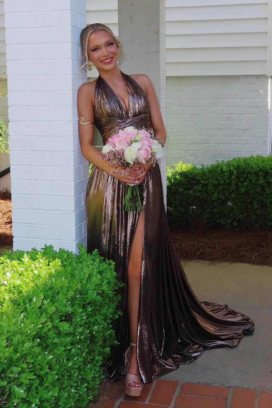 V-Neck Halter Backless A-Line Pleated Party Prom Dress With Train