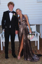 V-Neck Halter Backless A-Line Pleated Party Prom Dress With Train