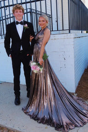 V-Neck Halter Backless A-Line Pleated Party Prom Dress With Train