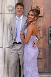 V-Neck Halter Backless Lace Mermaid Split Mermaid Party Prom Dress