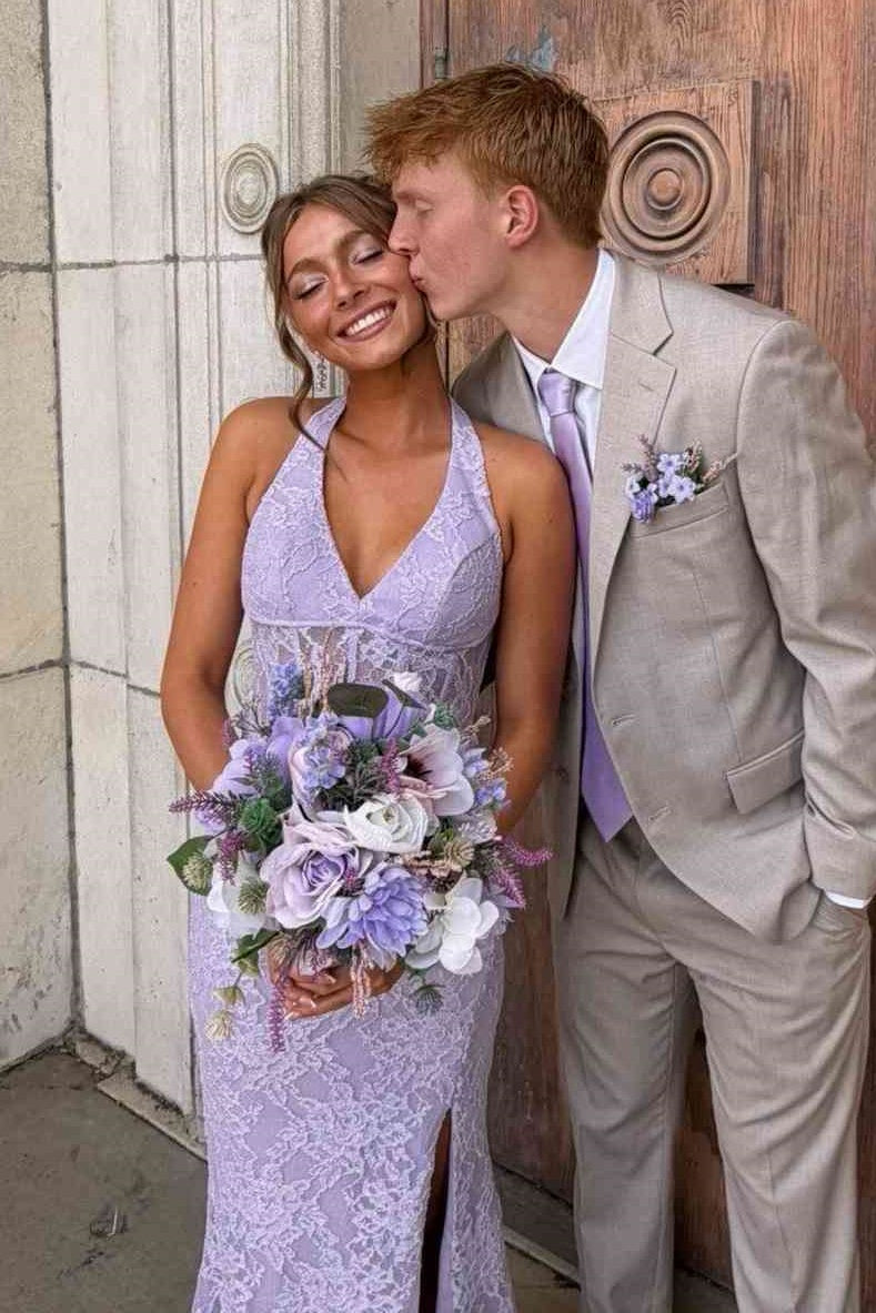V-Neck Halter Backless Lace Mermaid Split Mermaid Party Prom Dress