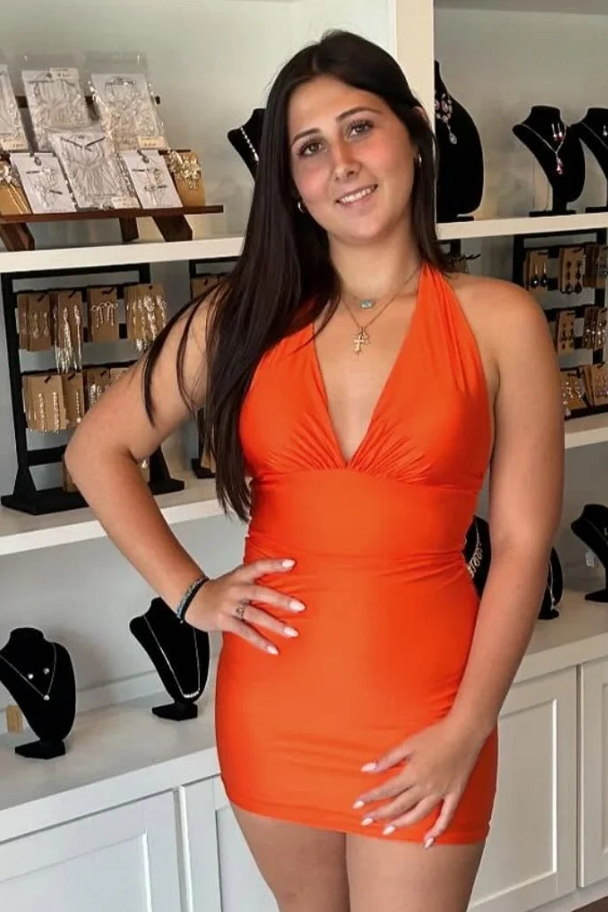 V-Neck Halter Backless Satin Bodycon Mini Homecoming Dress