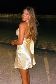 V-Neck Halter Backless Satin Short Party Homecoming Dress