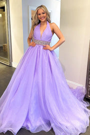 V-Neck Halter Beaded Empire Tulle A-Line Party Prom Dress