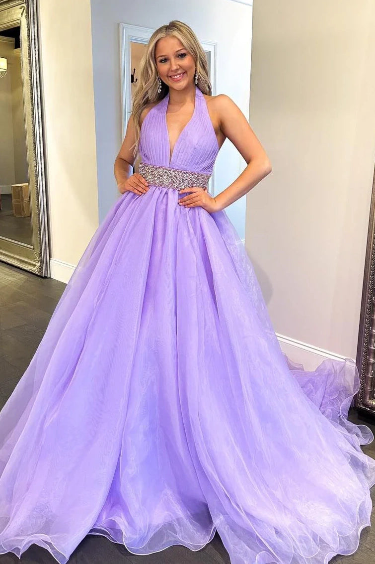 V-Neck Halter Beaded Empire Tulle A-Line Party Prom Dress