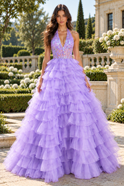 V-Neck Halter Lace And Tulle Tiered A-Line Party Prom Dress With Bow