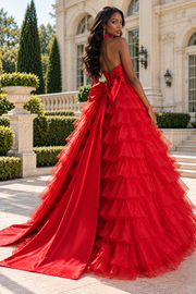 V-Neck Halter Lace And Tulle Tiered A-Line Party Prom Dress With Bow