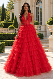 V-Neck Halter Lace And Tulle Tiered A-Line Party Prom Dress With Bow