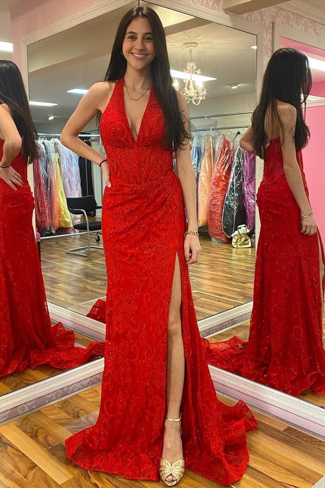 V-Neck Halter Lace Mermaid Prom Dress With Slit