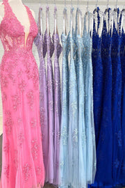 V-Neck Halter Lace Trumpet Appliques Prom Dress