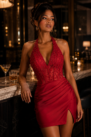 V-Neck Halter Open Back Bodycon Two Tone Split Homecoming Dress 