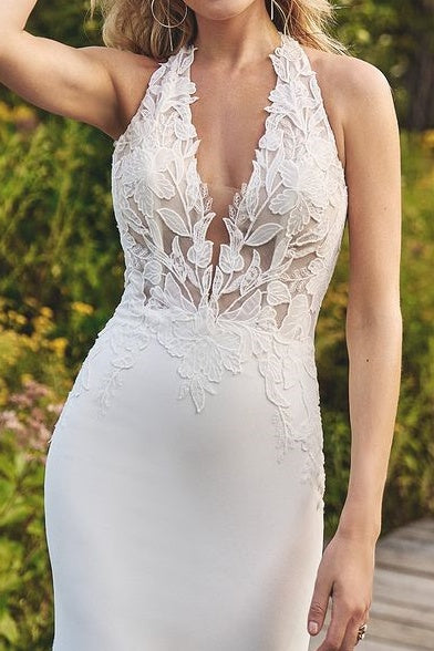 V-Neck Halter Open Back With Lace Train Wedding Dress