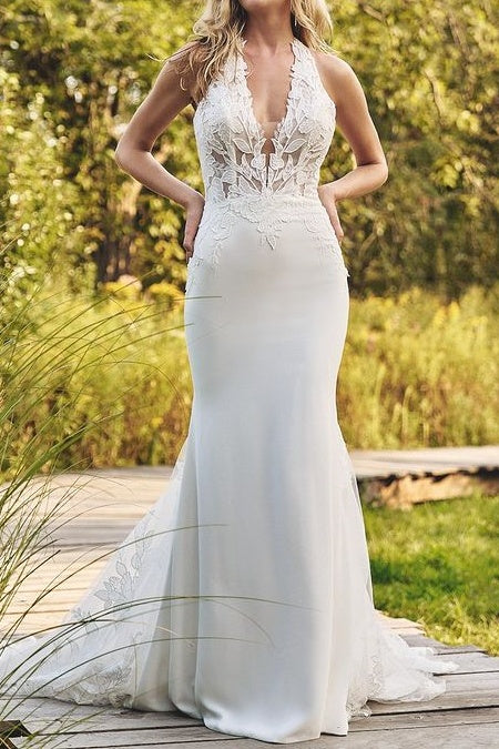V-Neck Halter Open Back With Lace Train Wedding Dress Ivory / US 16
