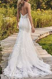 V-Neck Halter Open Back With Lace Train Wedding Dress