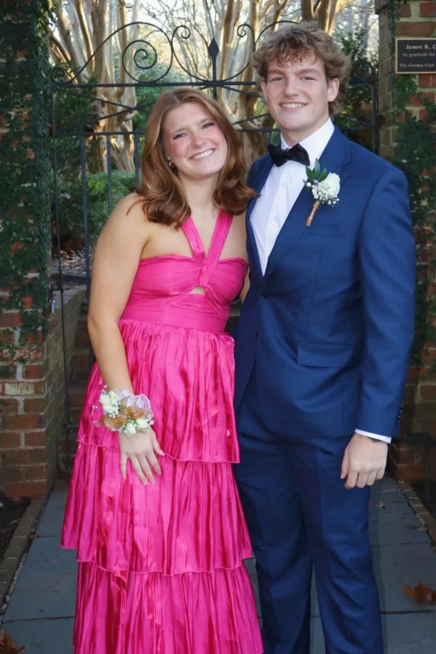 V-Neck Halter Satin A-Line Tiered Long Party Prom Dress