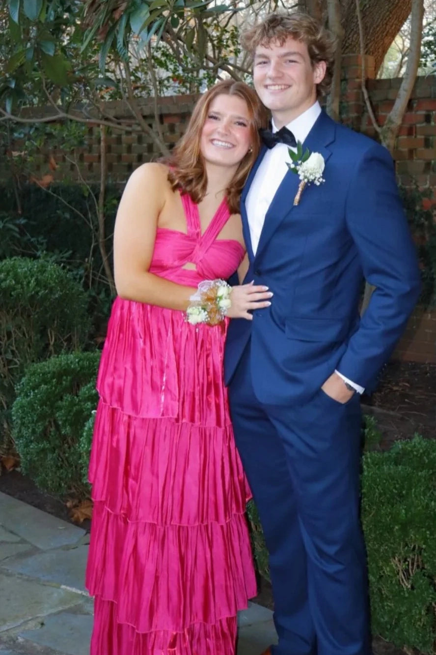 V-Neck Halter Satin A-Line Tiered Long Party Prom Dress