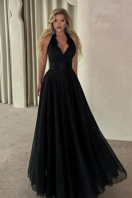 V-Neck Halter Sleeveless A-Line Empire Lace Party Prom Dress