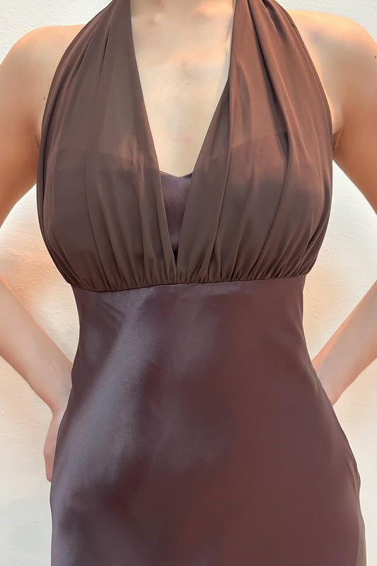 V-Neck Halter Sleeveless Satin Mermaid Party Evening Dress
