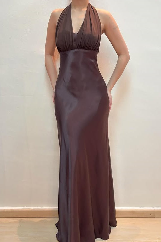 V-Neck Halter Sleeveless Satin Mermaid Party Evening Dress