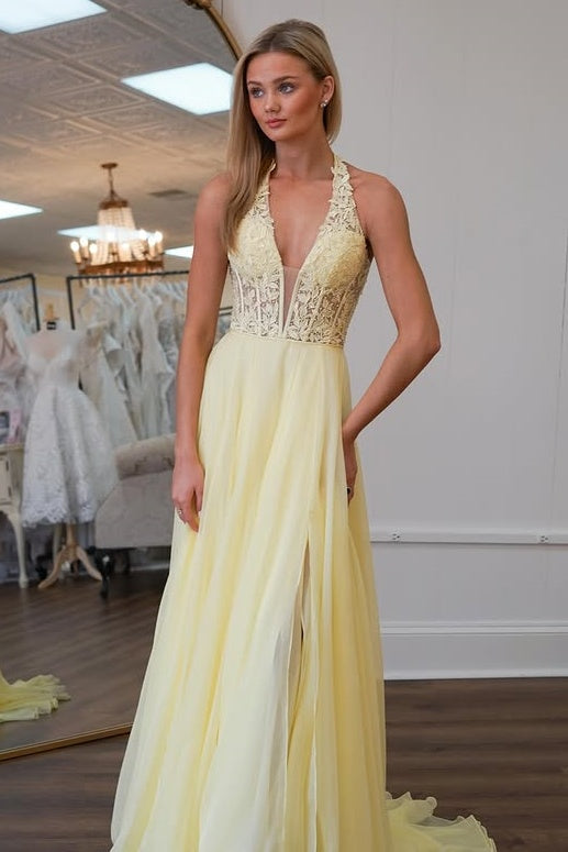 V-Neck Halter Sleeveless Two Tone Appliques Party Prom Dress