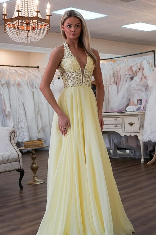 V-Neck Halter Sleeveless Two Tone Appliques Party Prom Dress