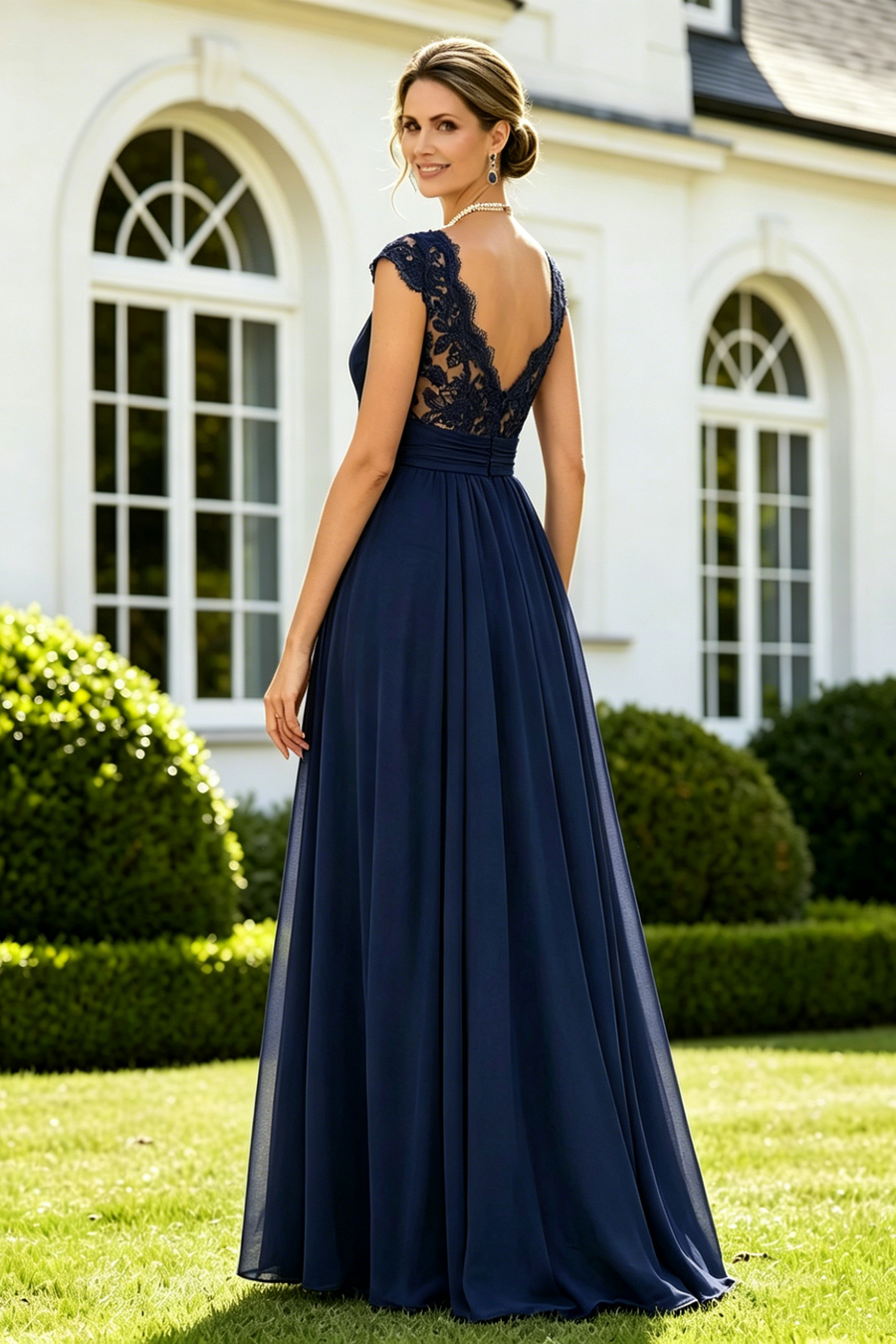 V-Neck Lace Top Open Back Chiffon A-Line Split Mother Of The Bride Dress