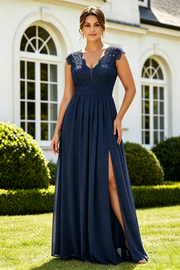 V-Neck Lace Top Open Back Chiffon A-Line Split Mother Of The Bride Dress