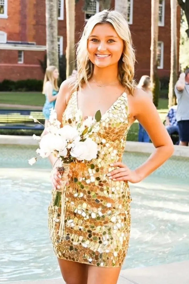 V-Neck Lace Up Bodycon Sparkly Short Homecoming Dress