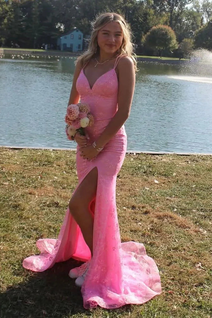 V-Neck Lace Up Mermaid Lace Prom Party Dress With Slit