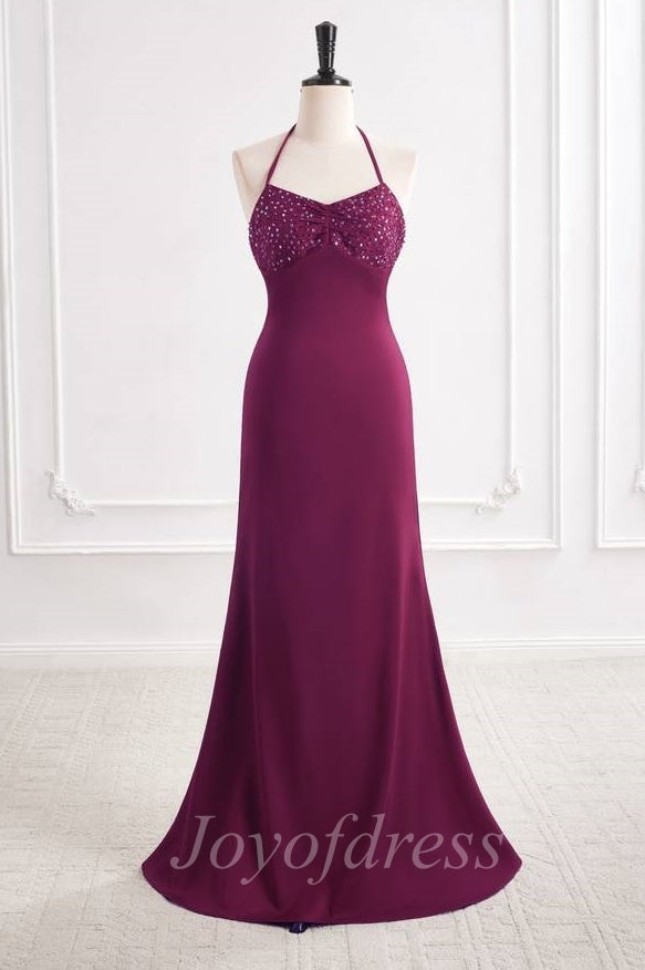 V-Neck Lace Up Satin Beaded Long Mermaid Party Prom Dress