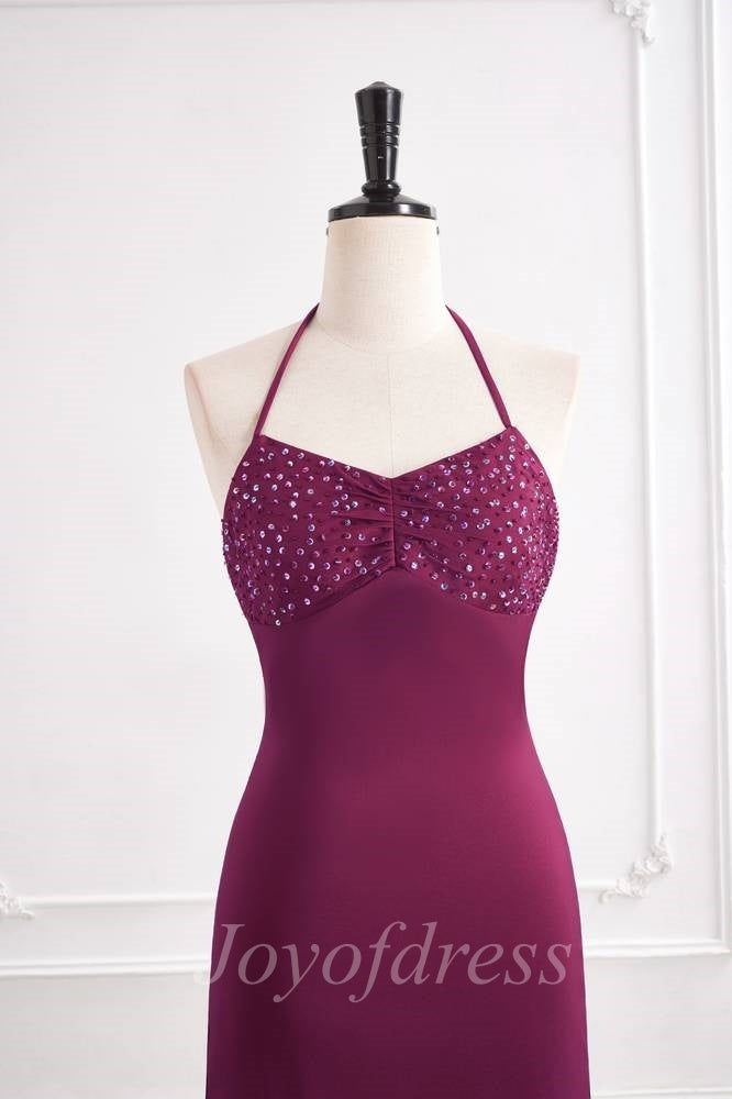 V-Neck Lace Up Satin Beaded Long Mermaid Party Prom Dress