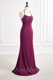 V-Neck Lace Up Satin Beaded Long Mermaid Party Prom Dress