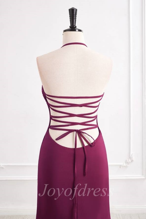 V-Neck Lace Up Satin Beaded Long Mermaid Party Prom Dress